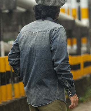 Blue slub denim western shirt back with yoke and button cuff detail