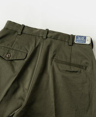 Olive cotton twill trousers with belt loops, pleats, and side pocket