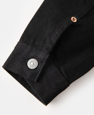 Black denim jacket sleeve cuff with round snap button and top stitch detail