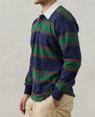 Classic Fit Striped Jersey Rugby Shirt - Green/Navy/Red