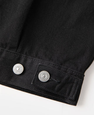Black denim jacket cuff with metal snap buttons