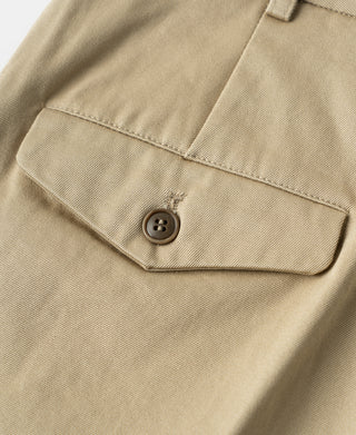 Khaki cotton twill trousers close-up of pocket flap and button