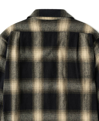 Back of brushed cotton sports shirt with ombre black/beige plaid yoke and collar