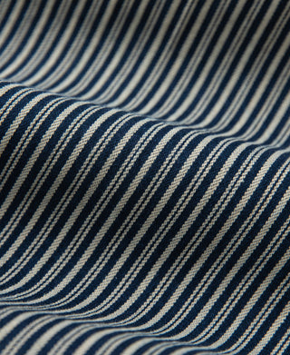 Striped work pants fabric with blue-and-white vertical pinstripes
