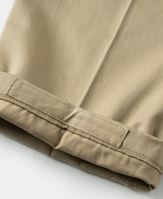 Khaki cotton twill trousers cuff with waistband seam and belt loop