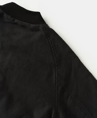 Black bomber jacket side panel and sleeve seam with curved stitching