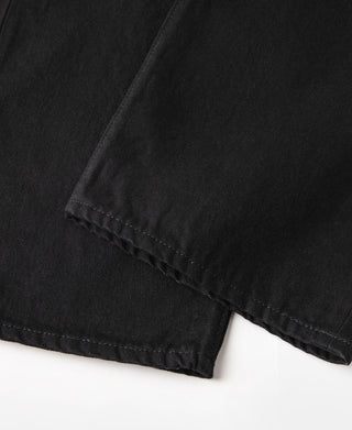 Black denim jeans front pocket with visible seam stitching and hem edge