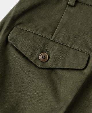 Olive cotton twill trousers with coin-style pocket and brown button detail