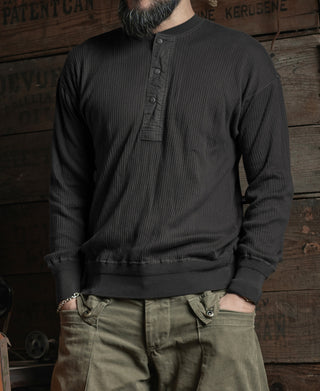 Ribbed Long Sleeve Henley T-Shirt - Black