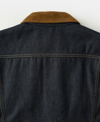 Indigo denim jacket back with tan ribbed collar and yellow-stitched yoke seam