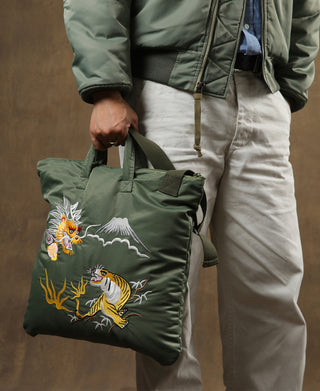 Olive embroidered helmet tote bag with top handles and front dragon/tiger artwork