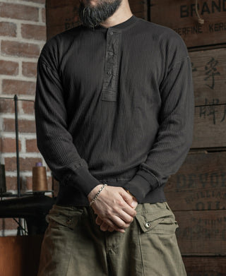 Ribbed Long Sleeve Henley T-Shirt - Black