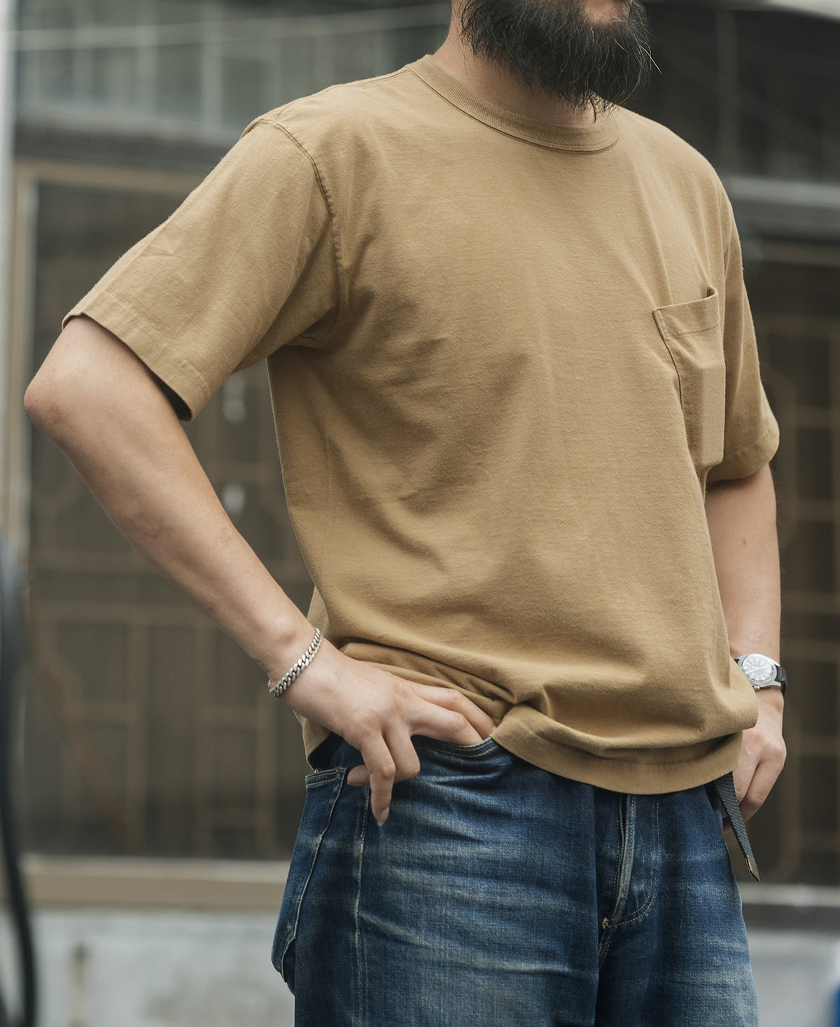 Slanted Pocket High Twist Cotton Tubular T-Shirt - Khaki
