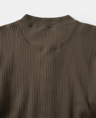 Ribbed Long Sleeve Henley T-Shirt - Olive Brown