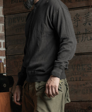 Ribbed Long Sleeve Henley T-Shirt - Black