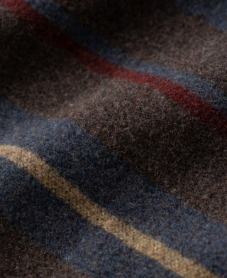 Plaid sherpa lining in blue, brown, tan, and rust tones for jacket interior