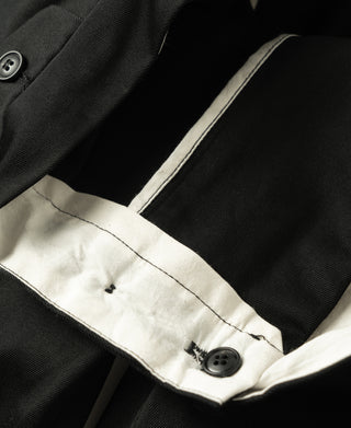Black waistband and fly area with button and light inner facing