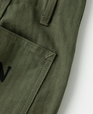 Olive utility pants fly area with button and reinforced stitching