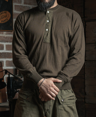 Ribbed Long Sleeve Henley T-Shirt - Olive Brown
