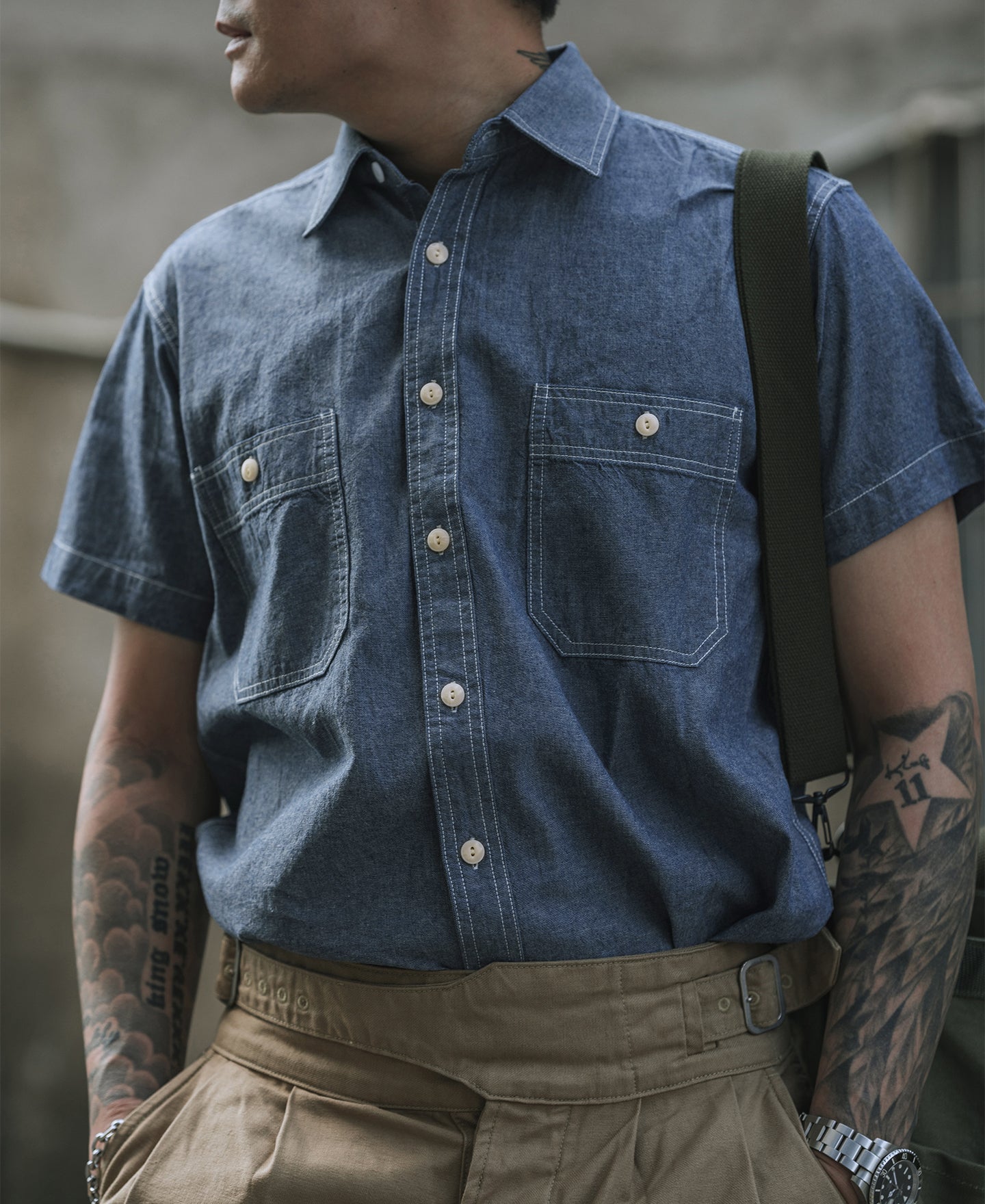 mens chambray dress shirt Men's Vintage Chambray Short Sleeve Work Shirt - Blue