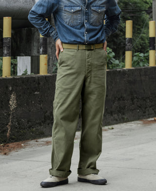 Olive fatigue trousers close to waist and legs, front view with pocket detailing