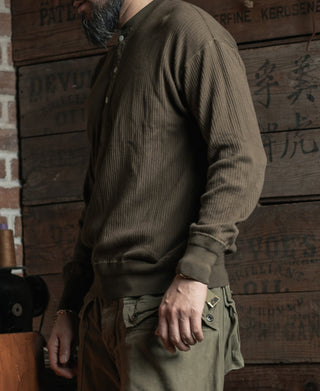 Ribbed Long Sleeve Henley T-Shirt - Olive Brown