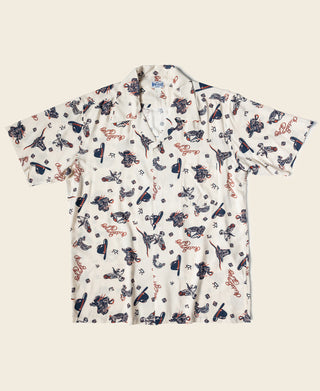 Cowboy Symbols Pattern Cuban Collar Shirt - Cream White