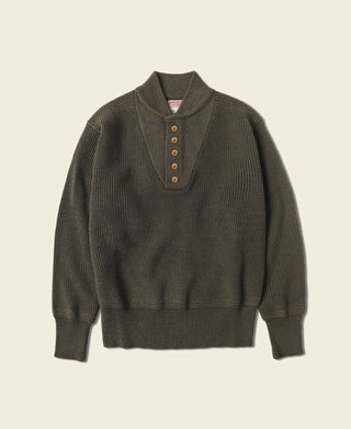 Olive wool high-neck sweater with ribbed long sleeves and five-button placket