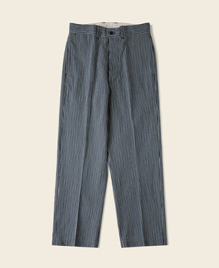 Blue and white striped work pants with pleated front and belt loops.