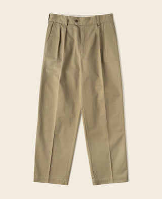 Khaki cotton twill trousers with front pleats and button closure.