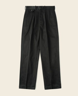 Black cotton twill trousers with single pleat and belt loops