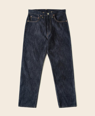 Indigo selvedge denim jeans, straight-leg fit with button fly and belt loops