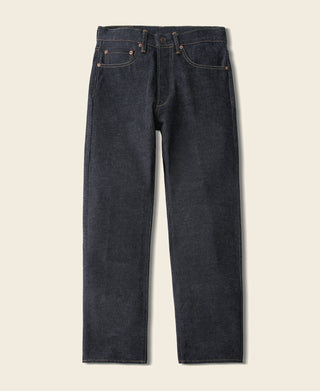 Indigo heavyweight selvedge denim jeans with straight legs, button-fly, and belt loops