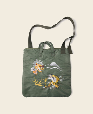 Olive embroidered shoulder tote bag with dragon and tiger front design