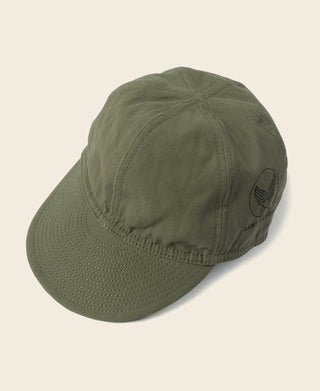 Olive A-3 flight cap with stitched crown and curved brim