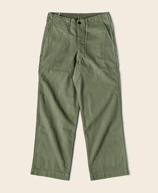 Olive fatigue trousers with straight leg, belt loops, and button fly