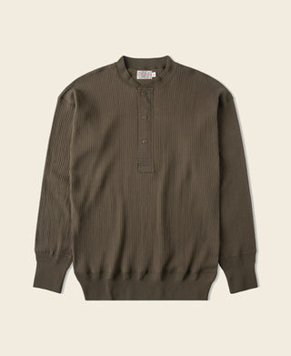 Ribbed Long Sleeve Henley T-Shirt - Olive Brown