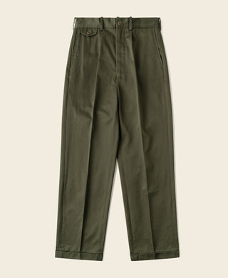 Olive cotton twill single-pleat trousers with belt loops and button-front closure