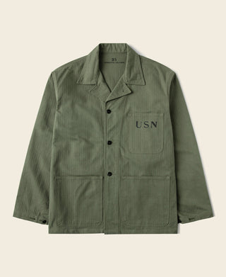 Olive N-3 utility jacket with USN chest patch, button front, chest and waist pockets