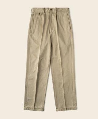 Khaki cotton twill trousers with single pleat front and button closure