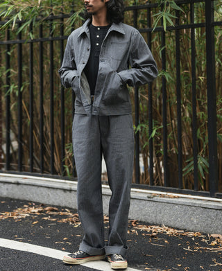 Dark striped cossack jacket with stand collar, front buttons, and long sleeves