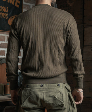 Ribbed Long Sleeve Henley T-Shirt - Olive Brown