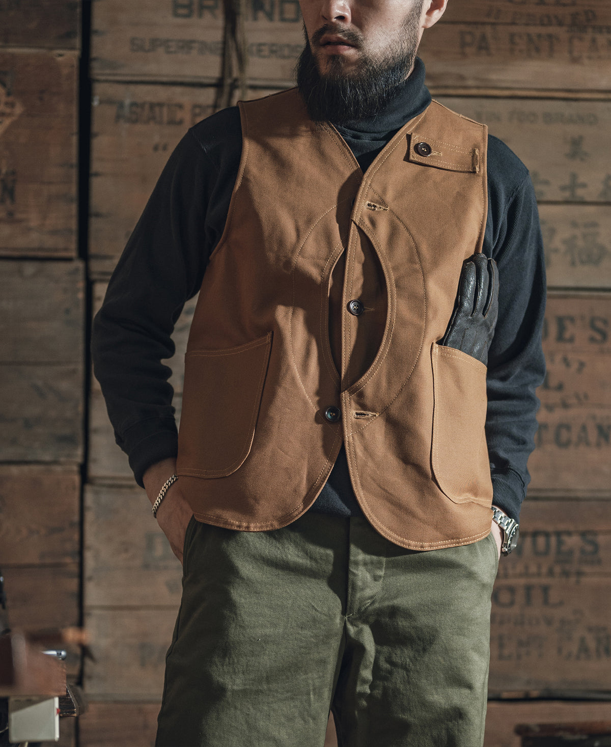 1930s Game Pocket Hunting Vest - Khaki | Fishing Waistcoat | Bronson, Khaki / S