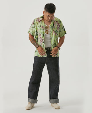 Ukiyo-e Tiger & Bamboo Pattern Aloha Shirt - Light Green