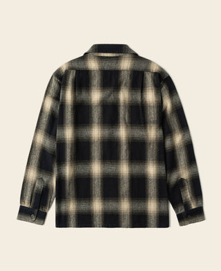 Brushed cotton ombre check sports shirt in black and beige, back view with button placket