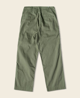 Olive fatigue trousers with front crease, belt loops, and button fly
