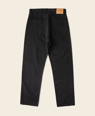 Black selvedge denim jeans with back yoke, two rear pockets, belt loops