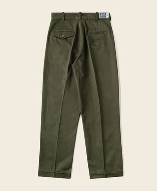 Olive cotton twill trousers with single pleat, belt loops, and button-front waist