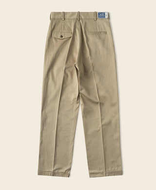 Khaki cotton twill trousers with side pockets and belt loops