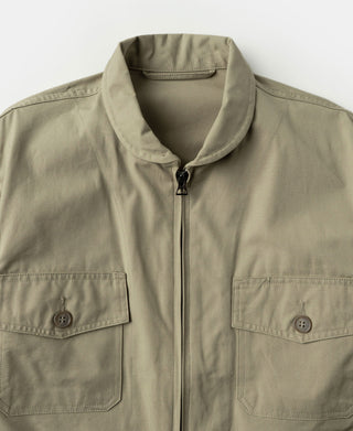 Khaki flight jacket front with stand collar, zipper, and buttoned chest pockets